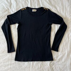 Nation LTD Black tee Gold Shoulder Button Long Sleeve Pima Cotton Top Size Small